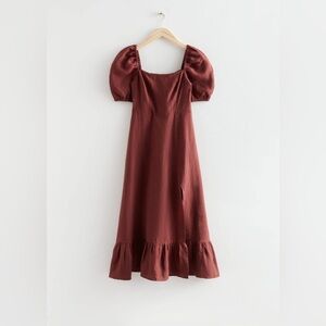 & Other Stories LINEN PUFF SLEEVE MIDI DRESS